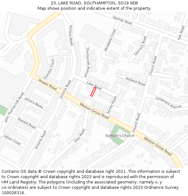 23, LAKE ROAD, SOUTHAMPTON, SO19 9EB: Location map and indicative extent of plot