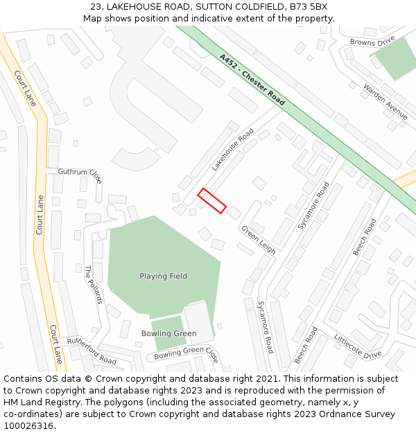 23, LAKEHOUSE ROAD, SUTTON COLDFIELD, B73 5BX: Location map and indicative extent of plot