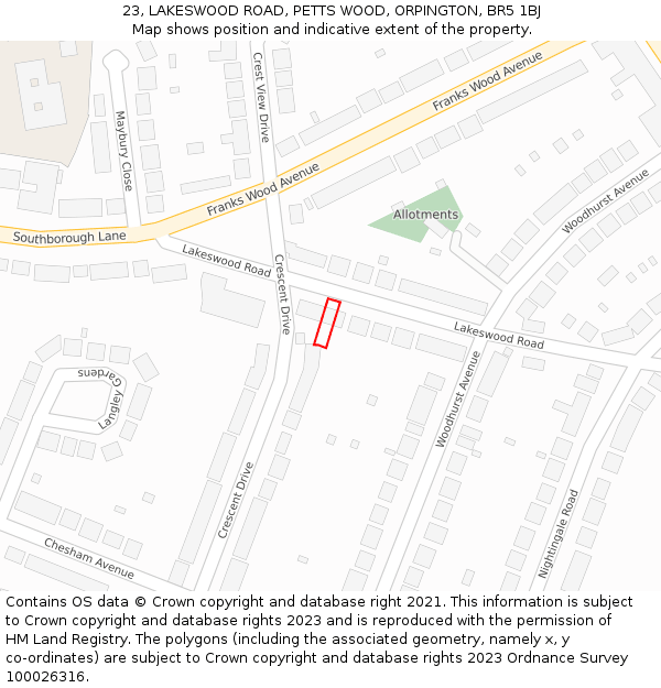23, LAKESWOOD ROAD, PETTS WOOD, ORPINGTON, BR5 1BJ: Location map and indicative extent of plot