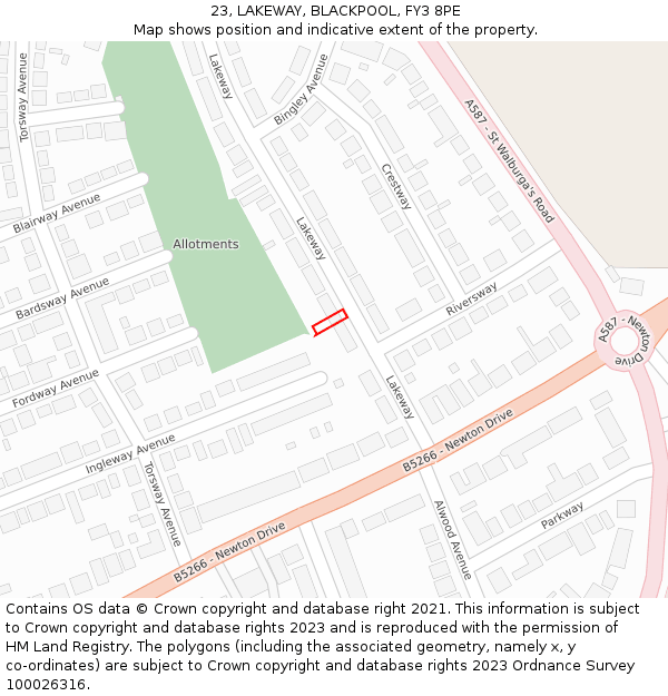 23, LAKEWAY, BLACKPOOL, FY3 8PE: Location map and indicative extent of plot