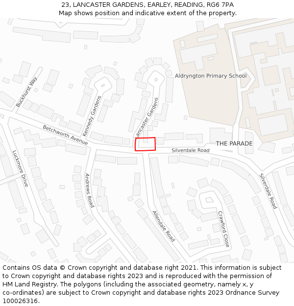 23, LANCASTER GARDENS, EARLEY, READING, RG6 7PA: Location map and indicative extent of plot