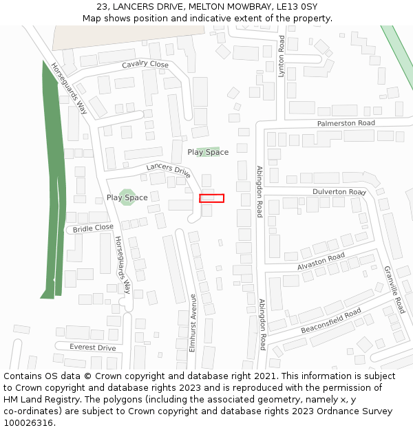 23, LANCERS DRIVE, MELTON MOWBRAY, LE13 0SY: Location map and indicative extent of plot