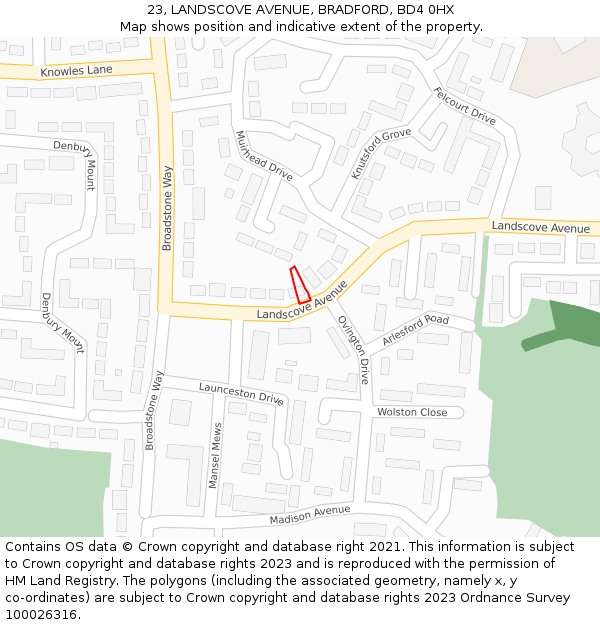 23, LANDSCOVE AVENUE, BRADFORD, BD4 0HX: Location map and indicative extent of plot