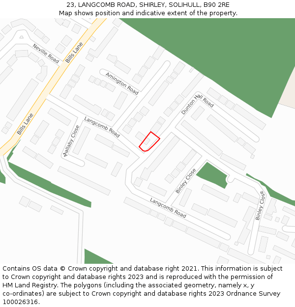 23, LANGCOMB ROAD, SHIRLEY, SOLIHULL, B90 2RE: Location map and indicative extent of plot