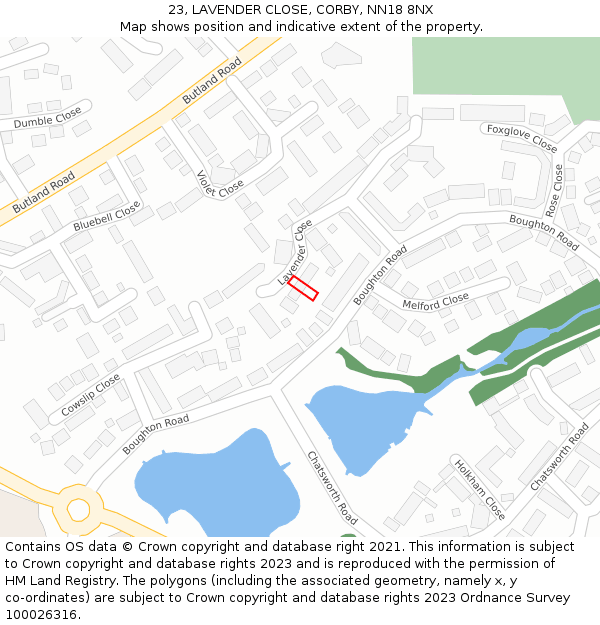 23, LAVENDER CLOSE, CORBY, NN18 8NX: Location map and indicative extent of plot