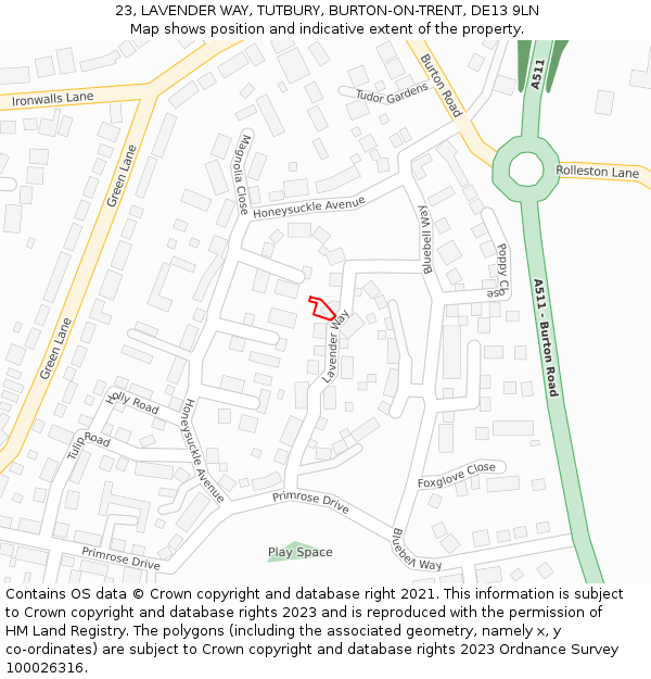 23, LAVENDER WAY, TUTBURY, BURTON-ON-TRENT, DE13 9LN: Location map and indicative extent of plot