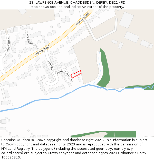 23, LAWRENCE AVENUE, CHADDESDEN, DERBY, DE21 4RD: Location map and indicative extent of plot