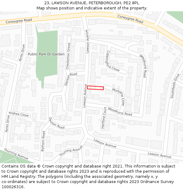 23, LAWSON AVENUE, PETERBOROUGH, PE2 8PL: Location map and indicative extent of plot