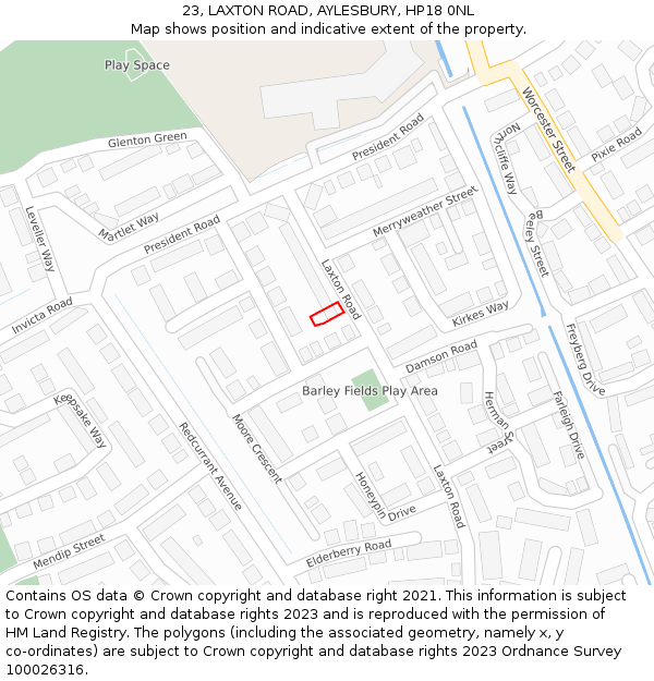 23, LAXTON ROAD, AYLESBURY, HP18 0NL: Location map and indicative extent of plot
