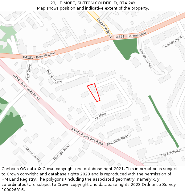 23, LE MORE, SUTTON COLDFIELD, B74 2XY: Location map and indicative extent of plot