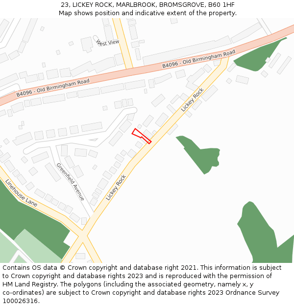 23, LICKEY ROCK, MARLBROOK, BROMSGROVE, B60 1HF: Location map and indicative extent of plot