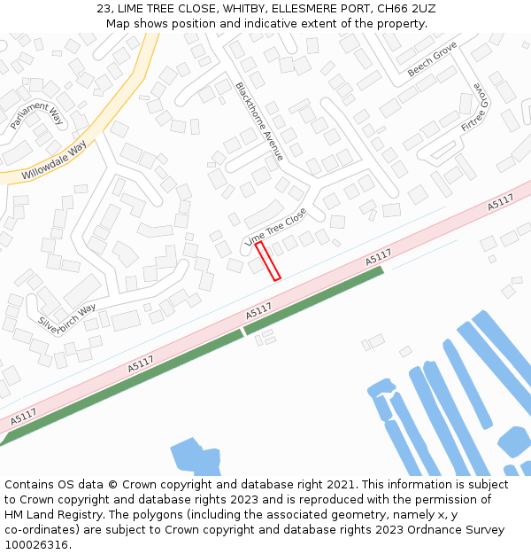23, LIME TREE CLOSE, WHITBY, ELLESMERE PORT, CH66 2UZ: Location map and indicative extent of plot
