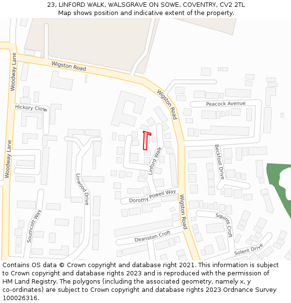 23, LINFORD WALK, WALSGRAVE ON SOWE, COVENTRY, CV2 2TL: Location map and indicative extent of plot