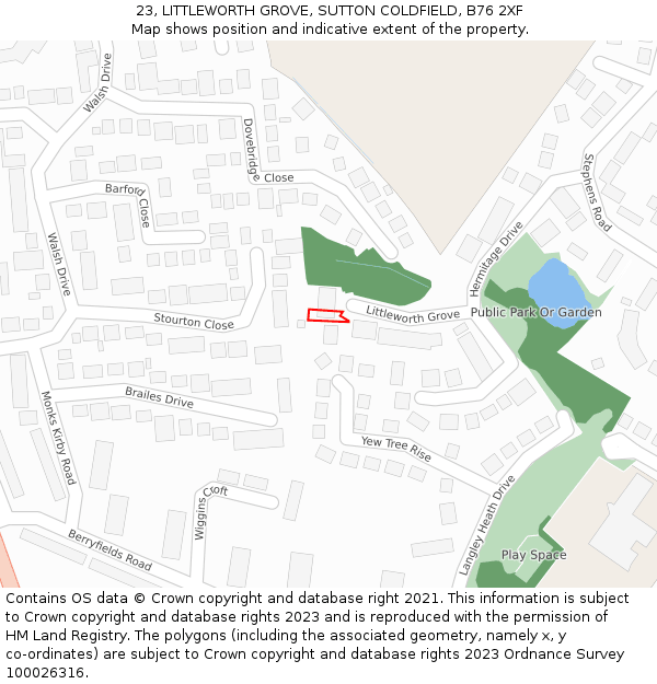 23, LITTLEWORTH GROVE, SUTTON COLDFIELD, B76 2XF: Location map and indicative extent of plot