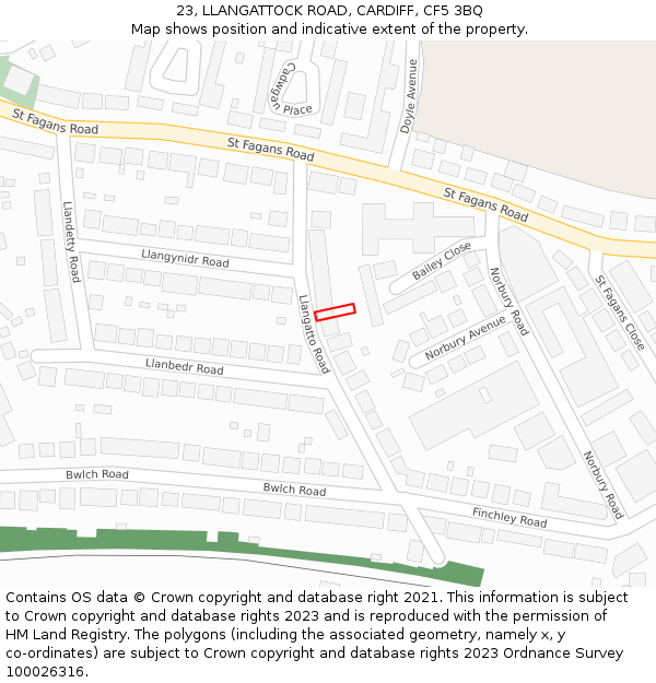 23, LLANGATTOCK ROAD, CARDIFF, CF5 3BQ: Location map and indicative extent of plot