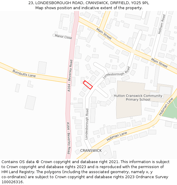23, LONDESBOROUGH ROAD, CRANSWICK, DRIFFIELD, YO25 9PL: Location map and indicative extent of plot