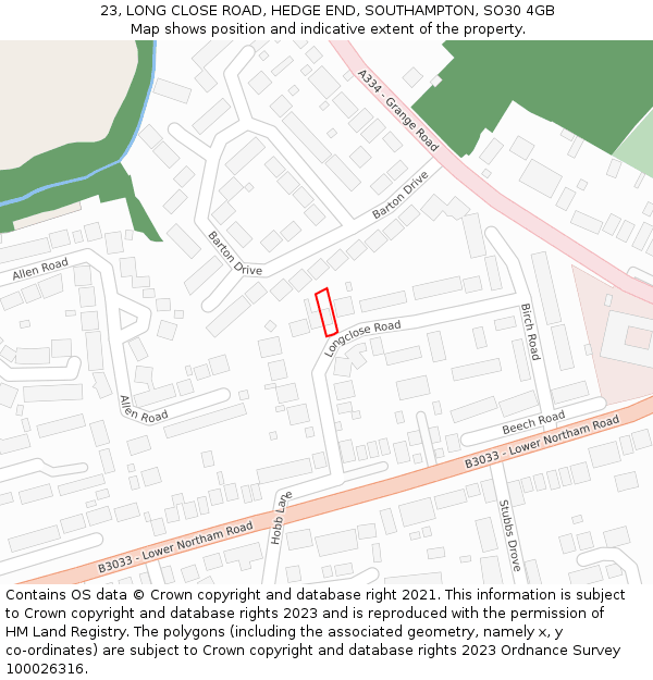 23, LONG CLOSE ROAD, HEDGE END, SOUTHAMPTON, SO30 4GB: Location map and indicative extent of plot