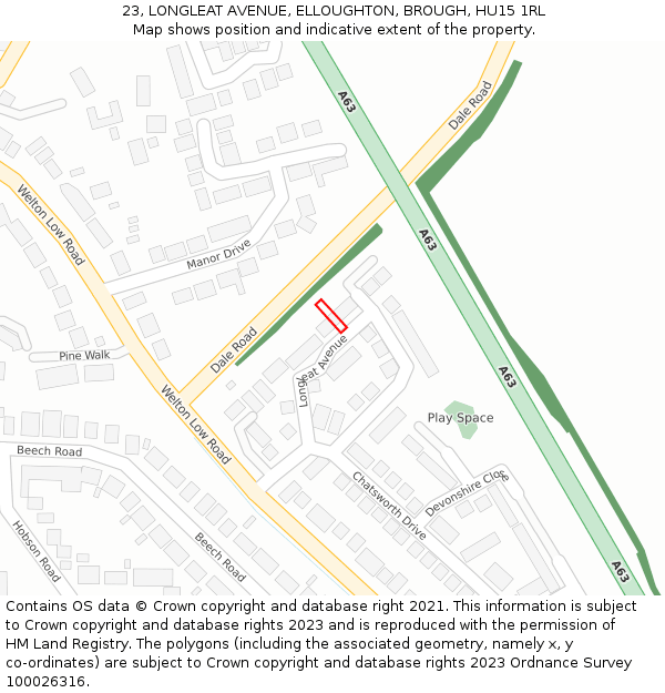 23, LONGLEAT AVENUE, ELLOUGHTON, BROUGH, HU15 1RL: Location map and indicative extent of plot