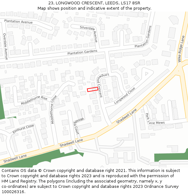 23, LONGWOOD CRESCENT, LEEDS, LS17 8SR: Location map and indicative extent of plot