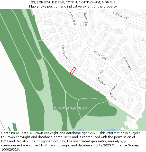 23, LONSDALE DRIVE, TOTON, NOTTINGHAM, NG9 6LS: Location map and indicative extent of plot