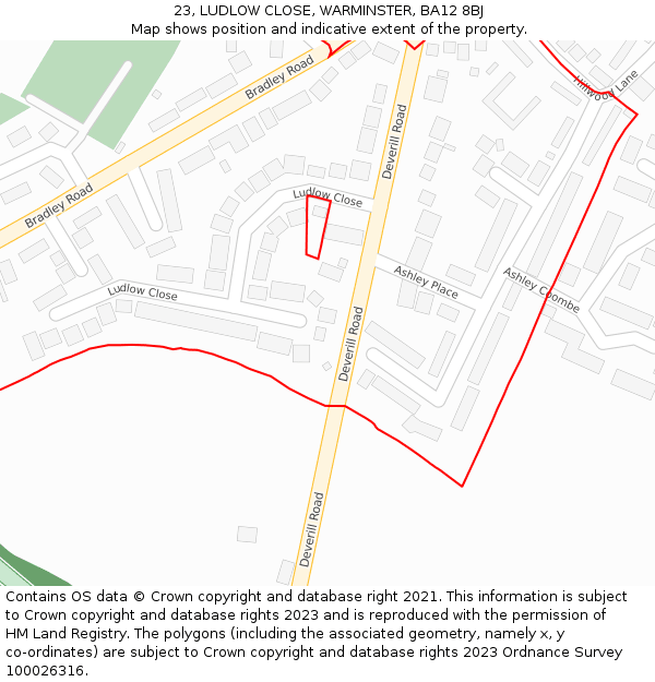 23, LUDLOW CLOSE, WARMINSTER, BA12 8BJ: Location map and indicative extent of plot