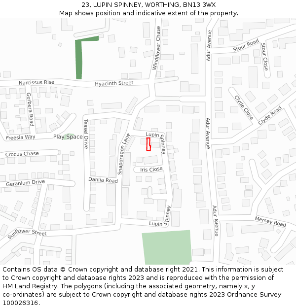 23, LUPIN SPINNEY, WORTHING, BN13 3WX: Location map and indicative extent of plot