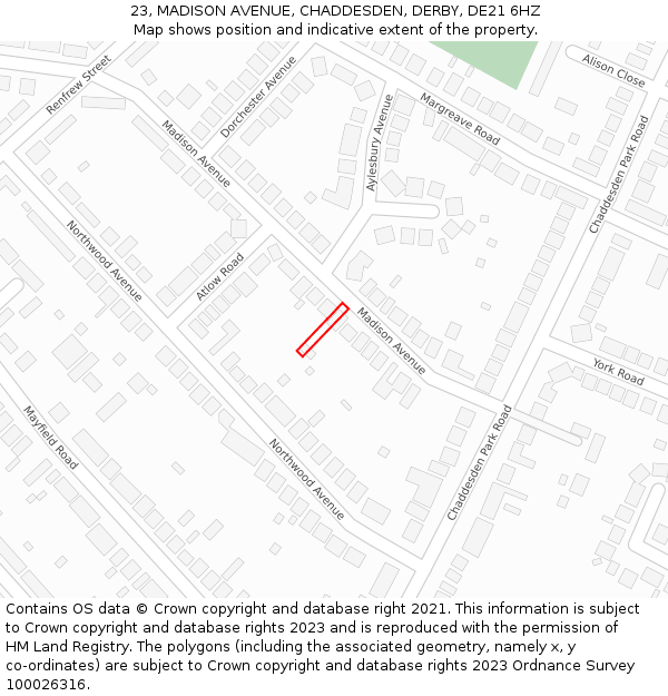 23, MADISON AVENUE, CHADDESDEN, DERBY, DE21 6HZ: Location map and indicative extent of plot