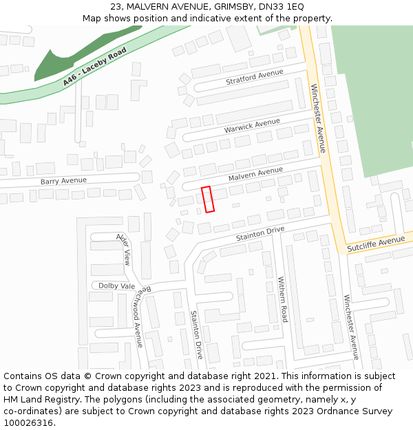 23, MALVERN AVENUE, GRIMSBY, DN33 1EQ: Location map and indicative extent of plot