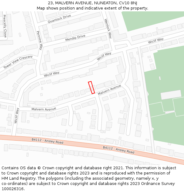 23, MALVERN AVENUE, NUNEATON, CV10 8NJ: Location map and indicative extent of plot