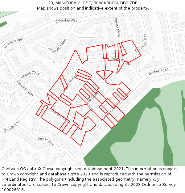 23, MANITOBA CLOSE, BLACKBURN, BB2 7DR: Location map and indicative extent of plot