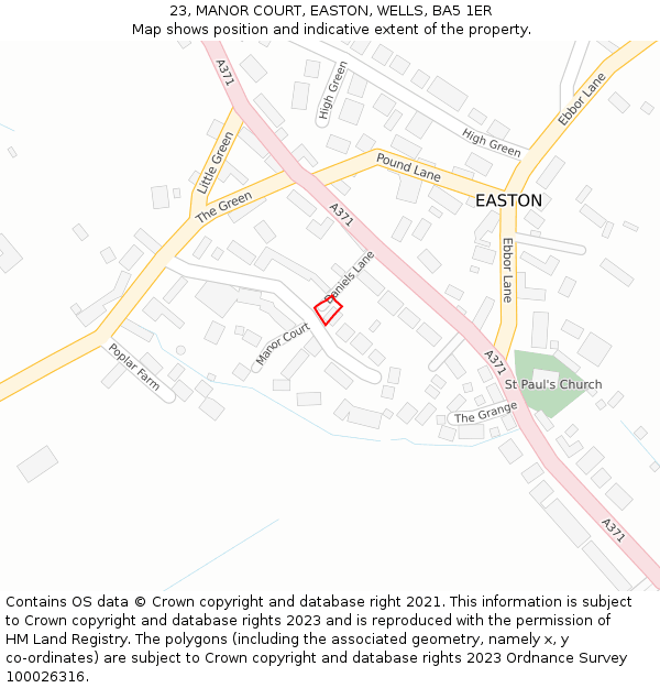 23, MANOR COURT, EASTON, WELLS, BA5 1ER: Location map and indicative extent of plot