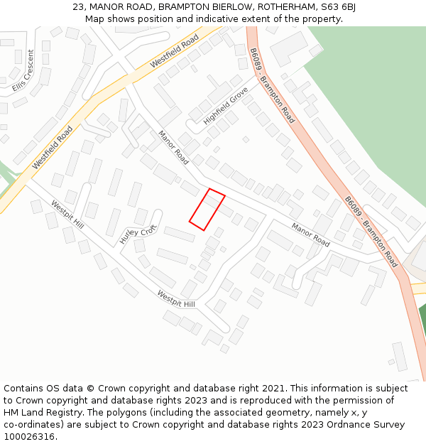 23, MANOR ROAD, BRAMPTON BIERLOW, ROTHERHAM, S63 6BJ: Location map and indicative extent of plot