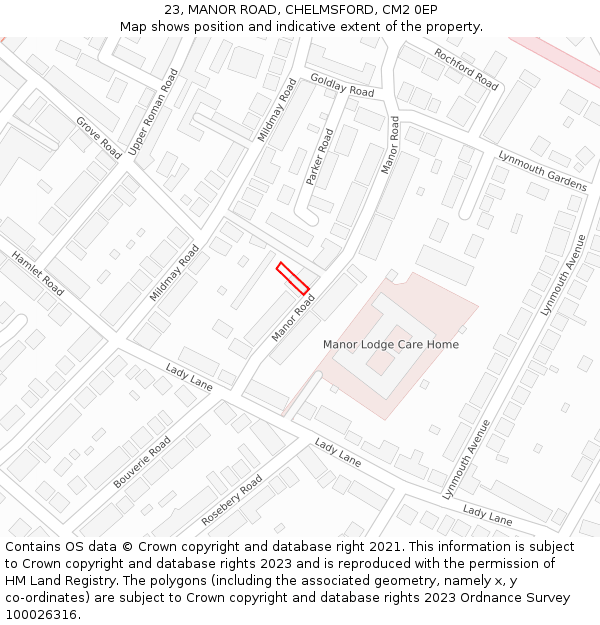 23, MANOR ROAD, CHELMSFORD, CM2 0EP: Location map and indicative extent of plot