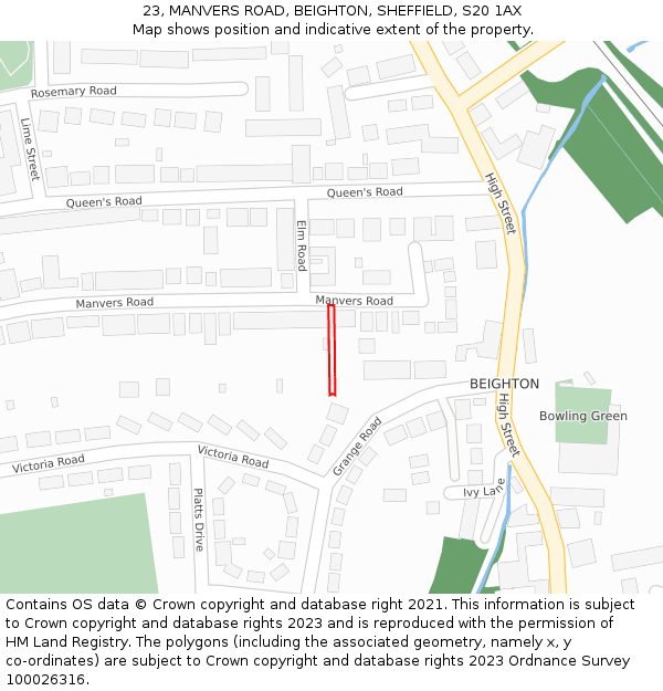 23, MANVERS ROAD, BEIGHTON, SHEFFIELD, S20 1AX: Location map and indicative extent of plot