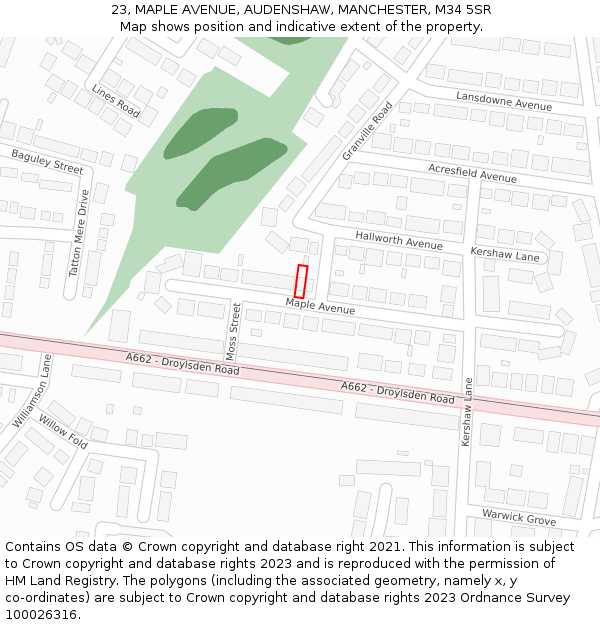 23, MAPLE AVENUE, AUDENSHAW, MANCHESTER, M34 5SR: Location map and indicative extent of plot