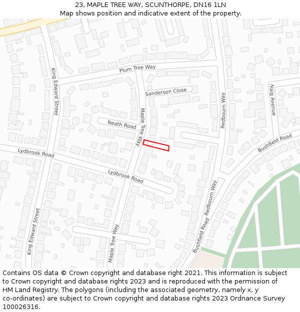 23, MAPLE TREE WAY, SCUNTHORPE, DN16 1LN: Location map and indicative extent of plot