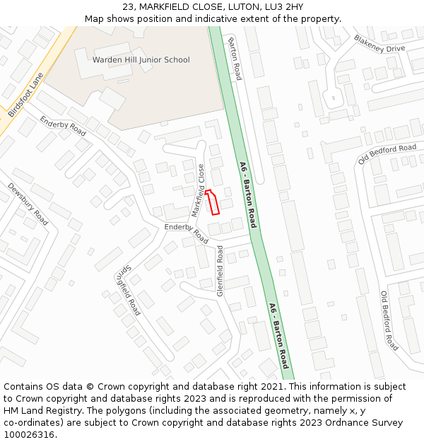 23, MARKFIELD CLOSE, LUTON, LU3 2HY: Location map and indicative extent of plot