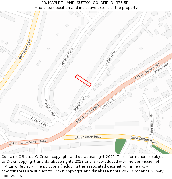 23, MARLPIT LANE, SUTTON COLDFIELD, B75 5PH: Location map and indicative extent of plot