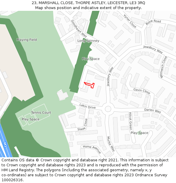 23, MARSHALL CLOSE, THORPE ASTLEY, LEICESTER, LE3 3RQ: Location map and indicative extent of plot