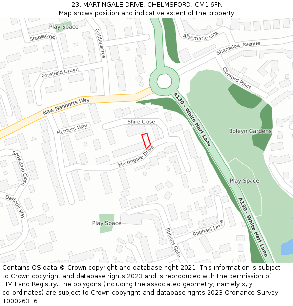 23, MARTINGALE DRIVE, CHELMSFORD, CM1 6FN: Location map and indicative extent of plot