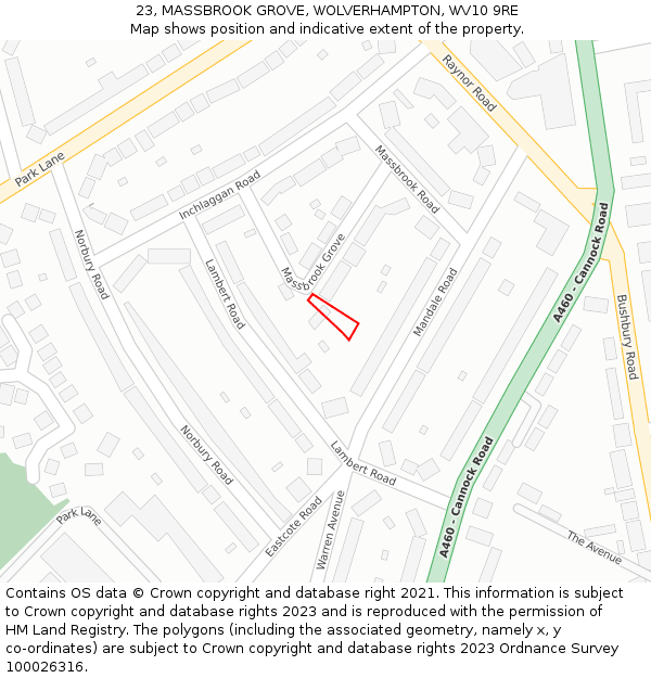 23, MASSBROOK GROVE, WOLVERHAMPTON, WV10 9RE: Location map and indicative extent of plot