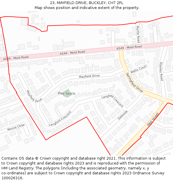 23, MAYFIELD DRIVE, BUCKLEY, CH7 2PL: Location map and indicative extent of plot
