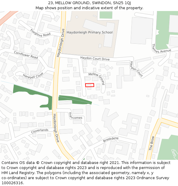 23, MELLOW GROUND, SWINDON, SN25 1QJ: Location map and indicative extent of plot