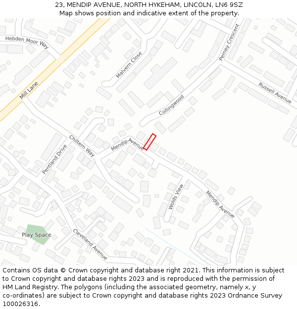 23, MENDIP AVENUE, NORTH HYKEHAM, LINCOLN, LN6 9SZ: Location map and indicative extent of plot