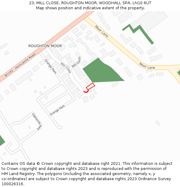 23, MILL CLOSE, ROUGHTON MOOR, WOODHALL SPA, LN10 6UT: Location map and indicative extent of plot