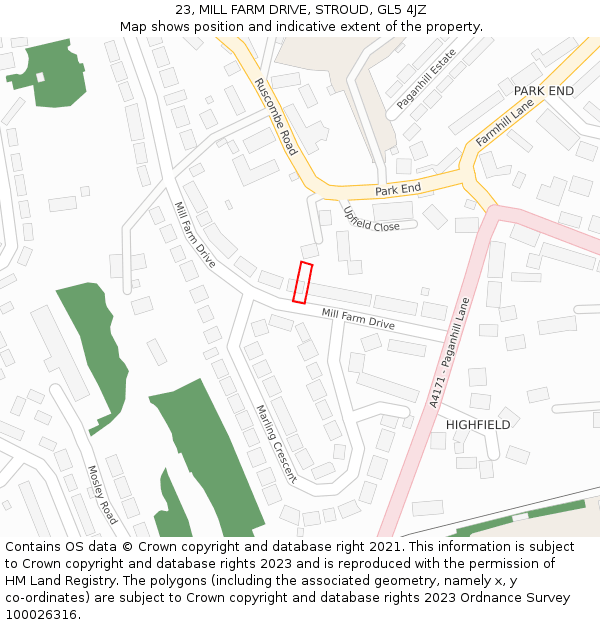 23, MILL FARM DRIVE, STROUD, GL5 4JZ: Location map and indicative extent of plot