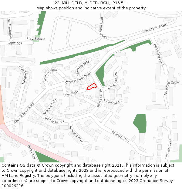 23, MILL FIELD, ALDEBURGH, IP15 5LL: Location map and indicative extent of plot