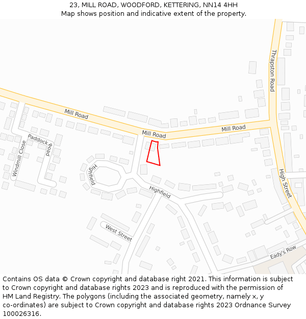 23, MILL ROAD, WOODFORD, KETTERING, NN14 4HH: Location map and indicative extent of plot
