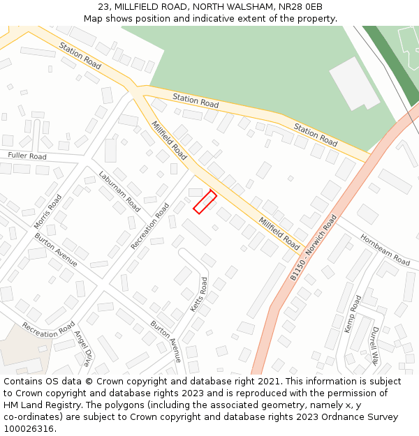 23, MILLFIELD ROAD, NORTH WALSHAM, NR28 0EB: Location map and indicative extent of plot