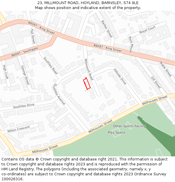 23, MILLMOUNT ROAD, HOYLAND, BARNSLEY, S74 9LE: Location map and indicative extent of plot
